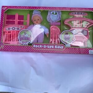 👉, Rock A Bye Baby 14 Inch Baby Doll With Bed, Utensils and Dinni…